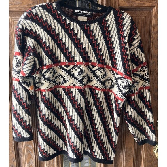 Kitty Hawk Sweaters - Vintage Kitty Hawk Crewneck Sweater Women's L Chunky Knit Geometric Colorful 80s